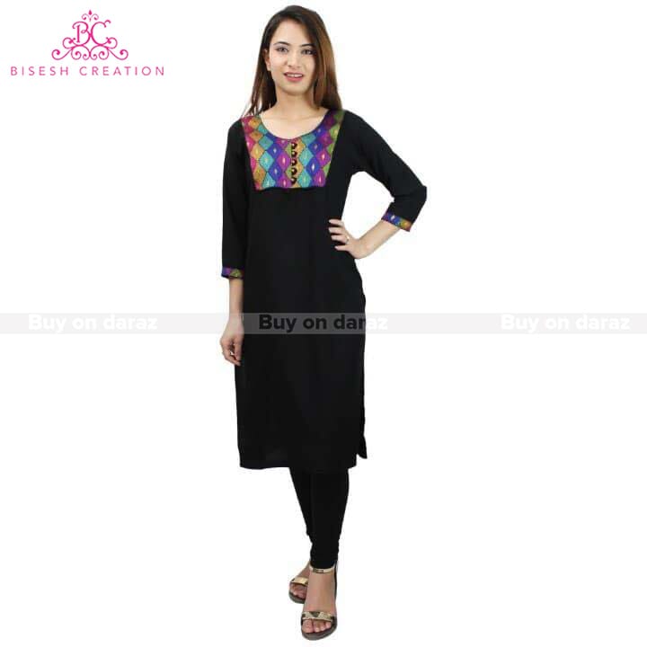 Bisesh Creation Black Slub Rayon Brocket Patched Kurta For Women-1400