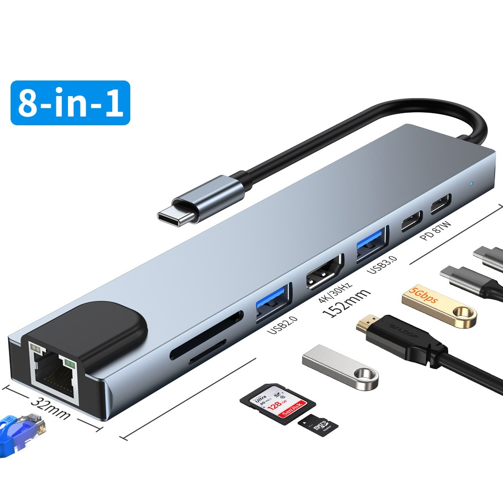 8-in-1 USB C Hub 4K HDTV, 100W PD, USB Ports, Ethernet, SD/TF Card Reader