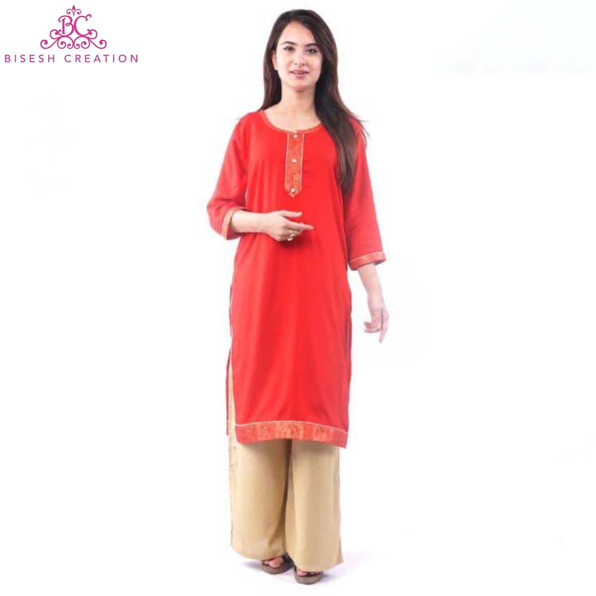 Red Brockette Bordered Slub Rayon Kurti 