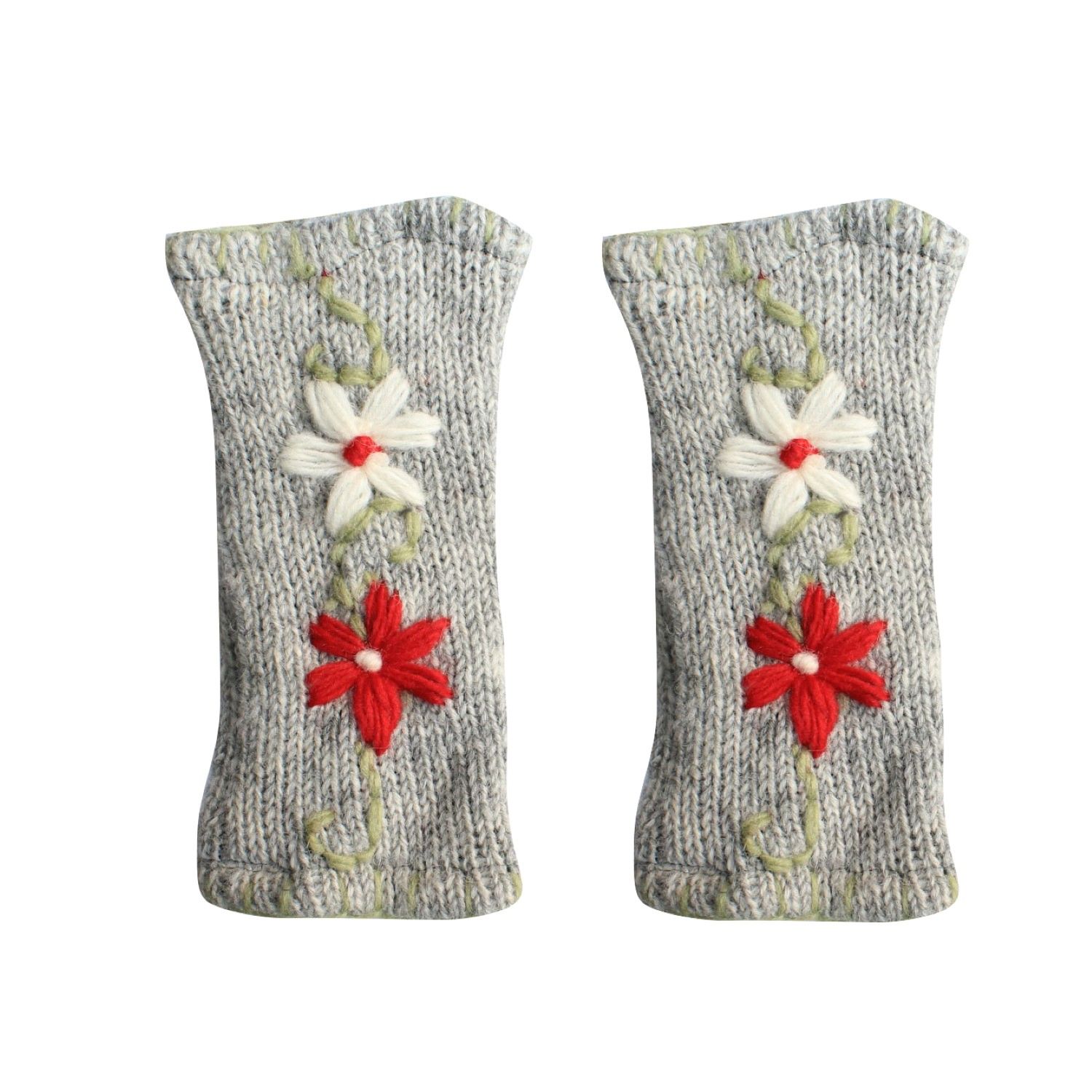 Trendy Hand Warmer, Gloves, Panja - Grey With White/Green Flower Embroidered Woolen Hand Warmer