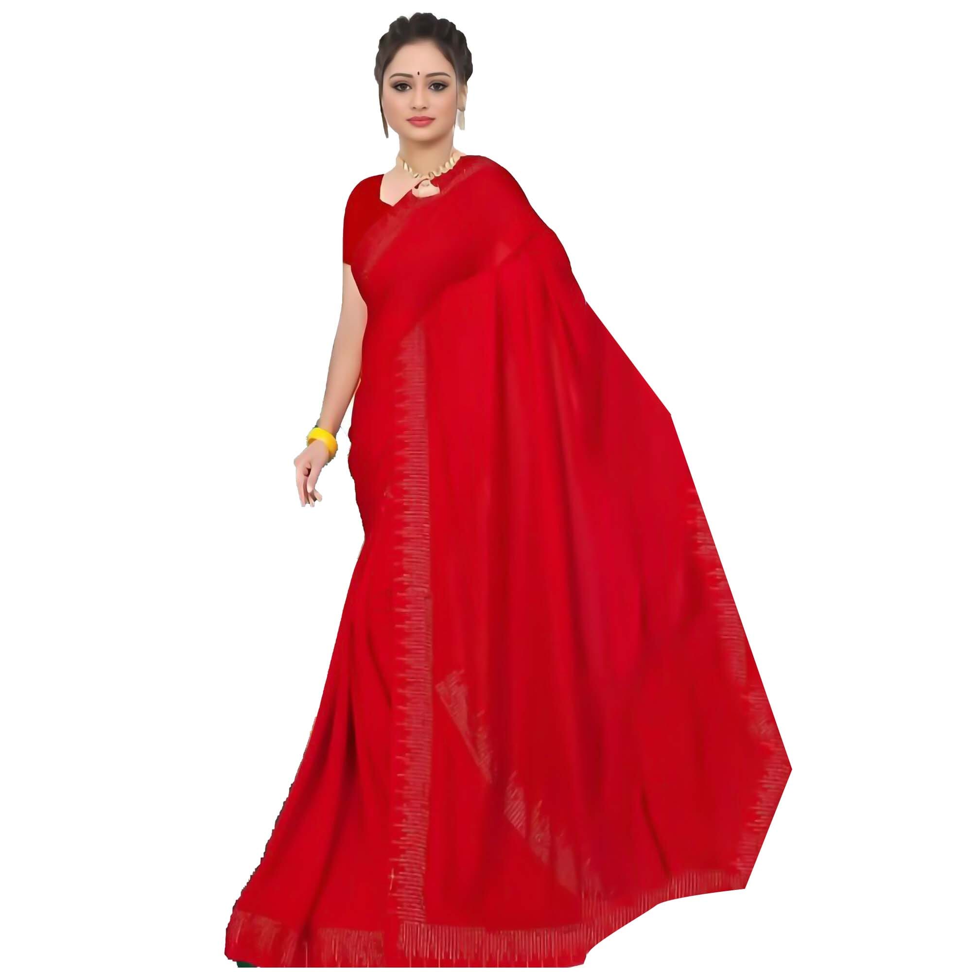 Red Georgette Saree With Tik Tik Border For Women