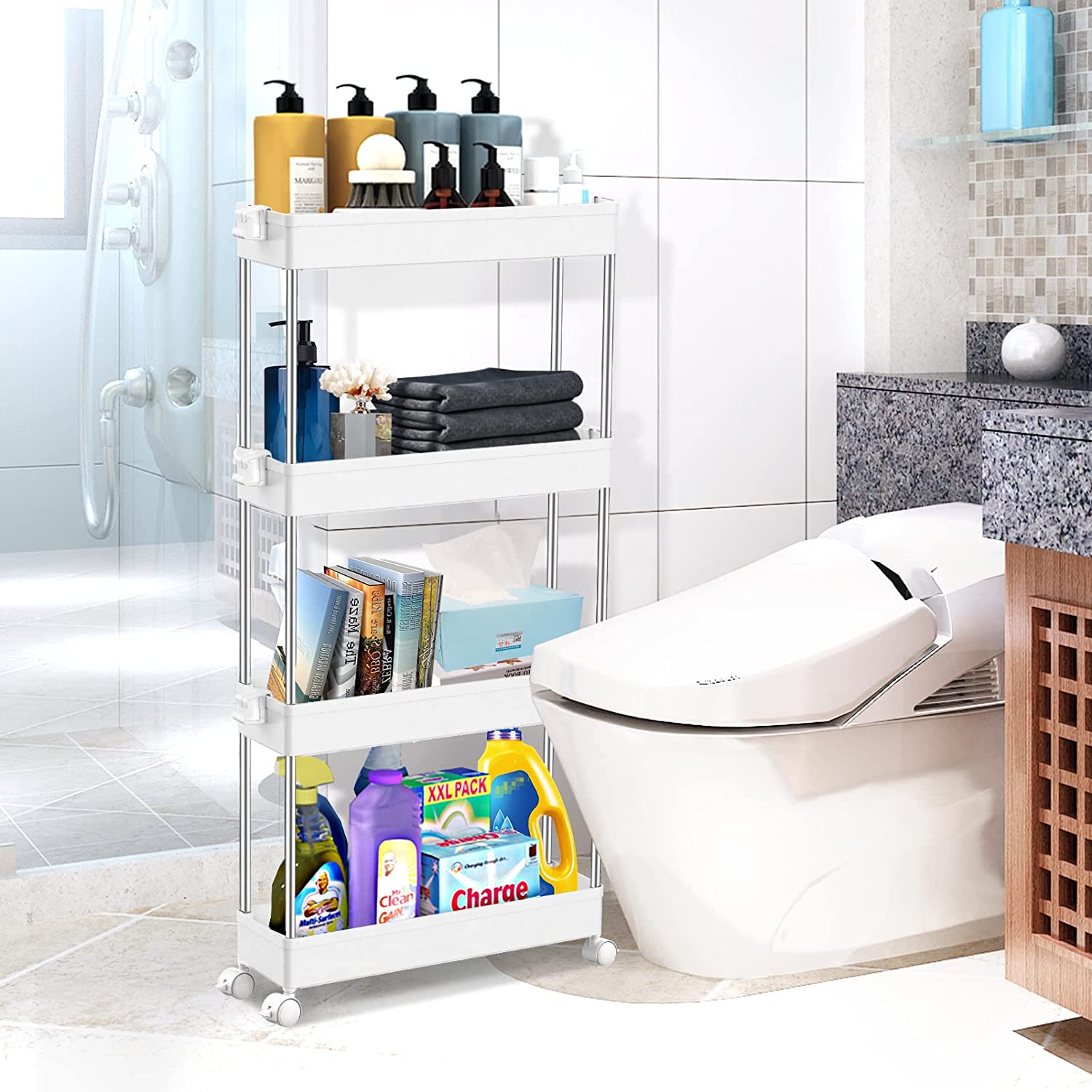 4 Tier Slim Storage Cart Mobile Shelving Rack For Kitchen Bathroom Narrow Places, Plastic