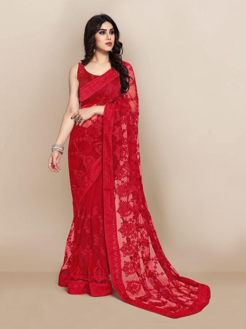 Red Net Floral Embroidered Saree With Unstitched Blouse For Women