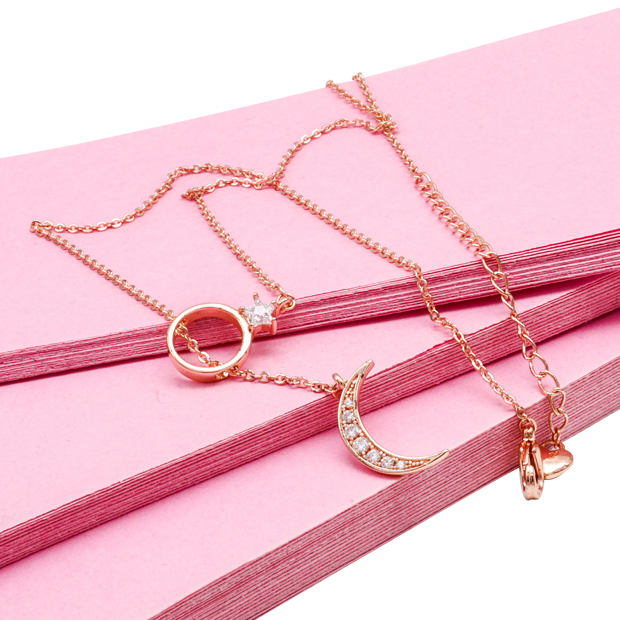 Rose Gold Moon Pendant With White Stones And Adjustable Link Chain