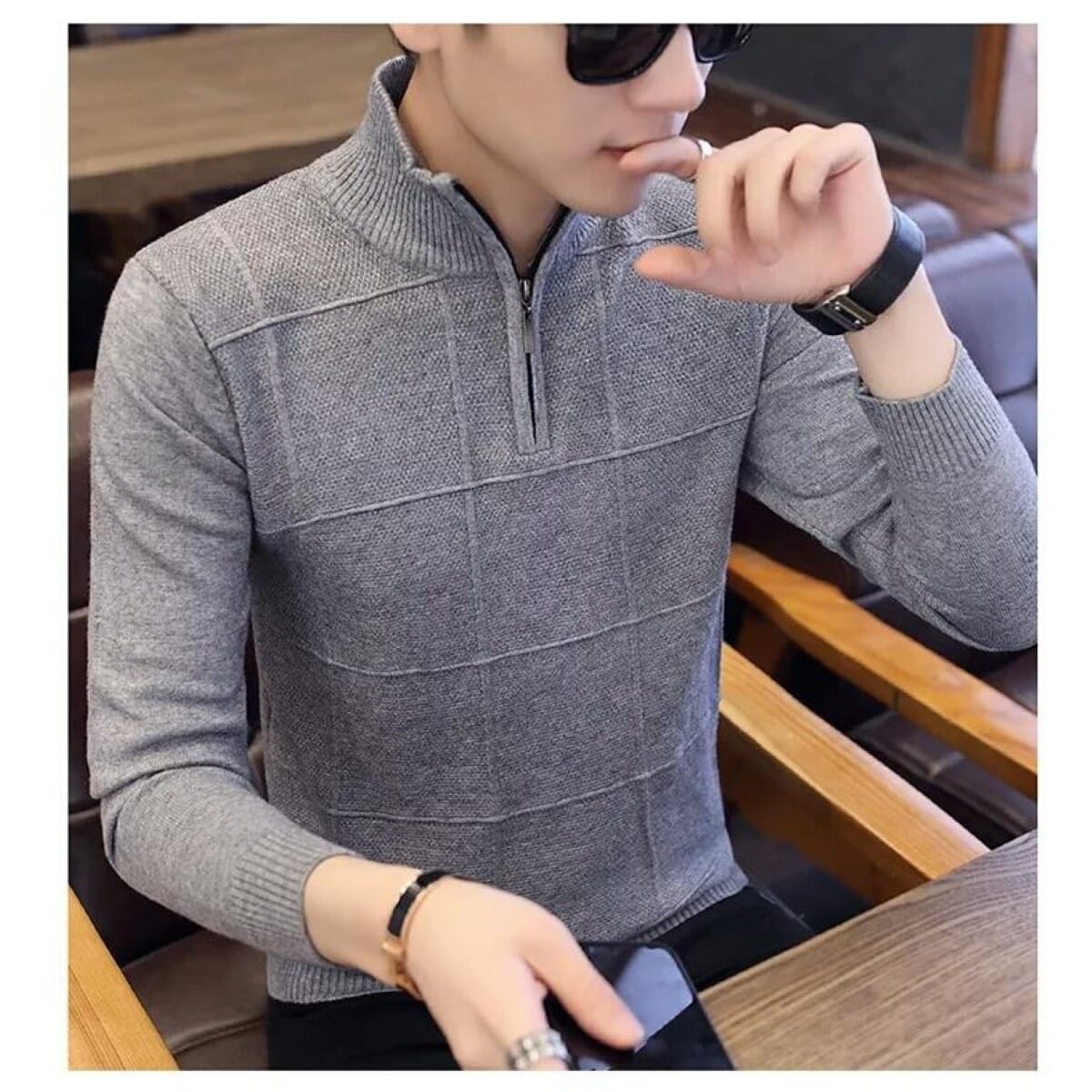 Grey Solid Turtleneck Sweater For Men