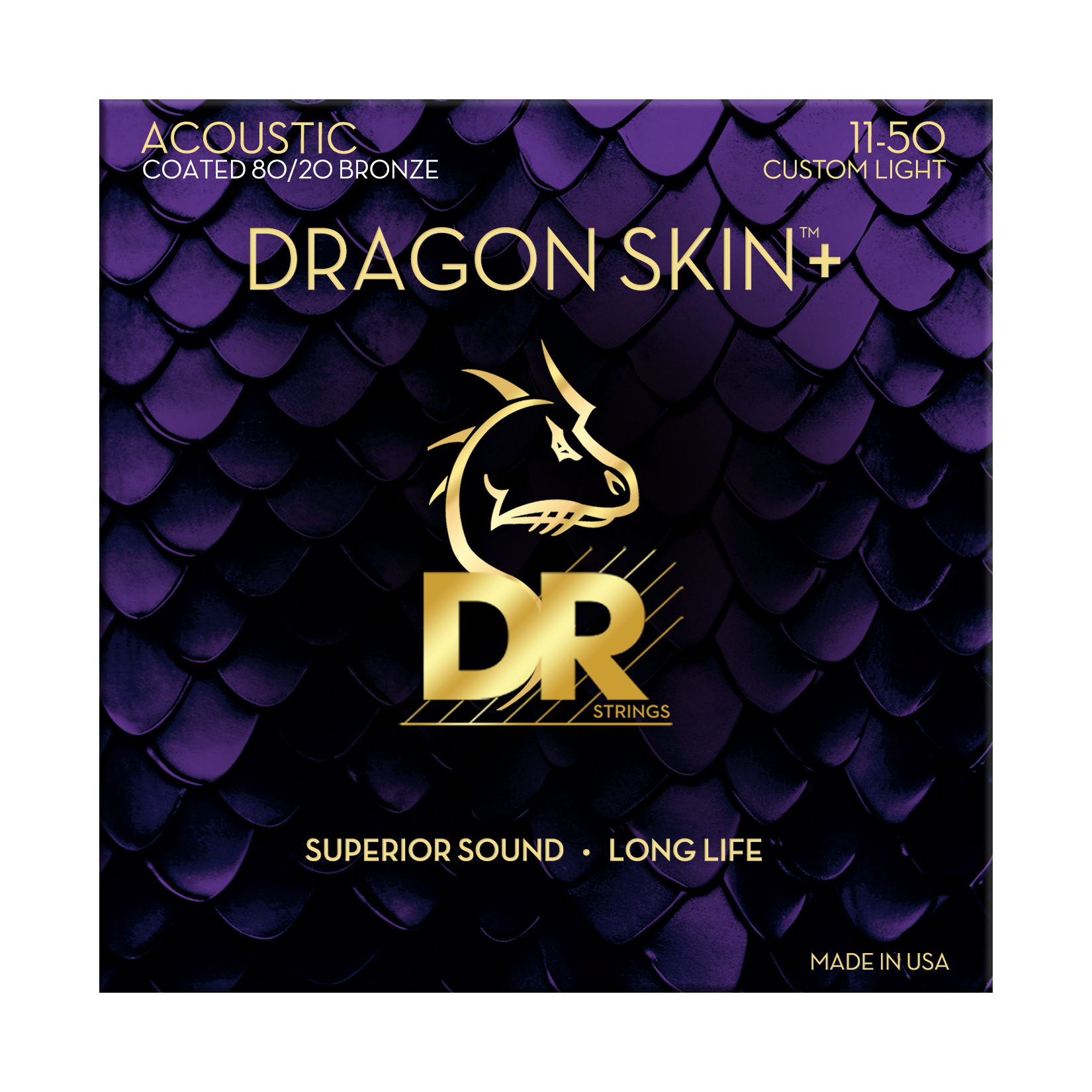 DR Strings Dragon Skin+ DA8-11 80/20 Bronze Coated Acoustic Guitar Strings - Custom Light .011-.050
