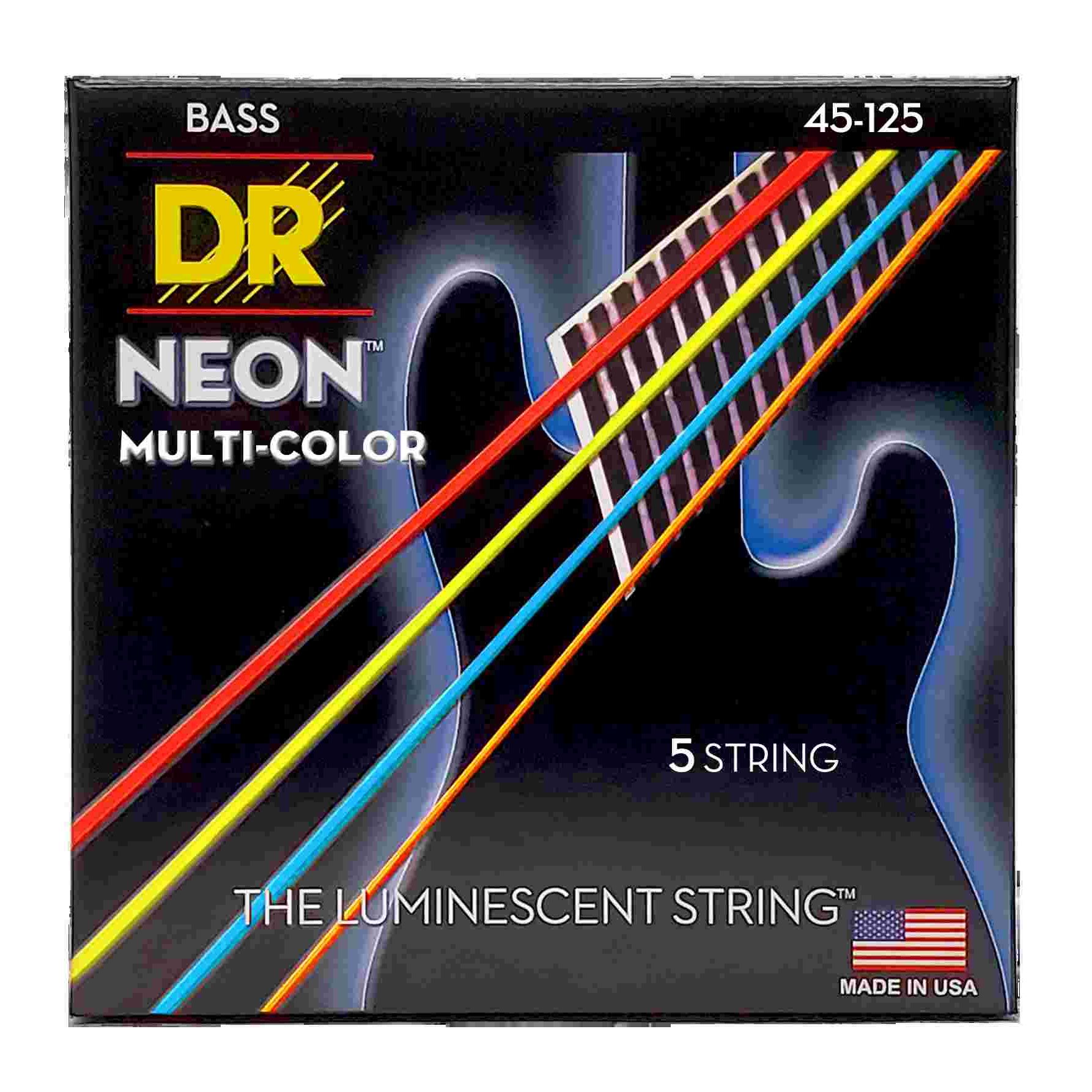 DR Strings 45-125 Hi-Def Neon Multi Color K3 Coated Bass Guitar Strings - Medium 5 string