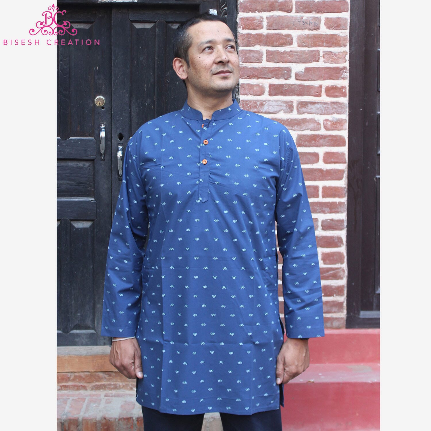 Bisesh Creation Navy Blue Cotton Printed Kurta For Men