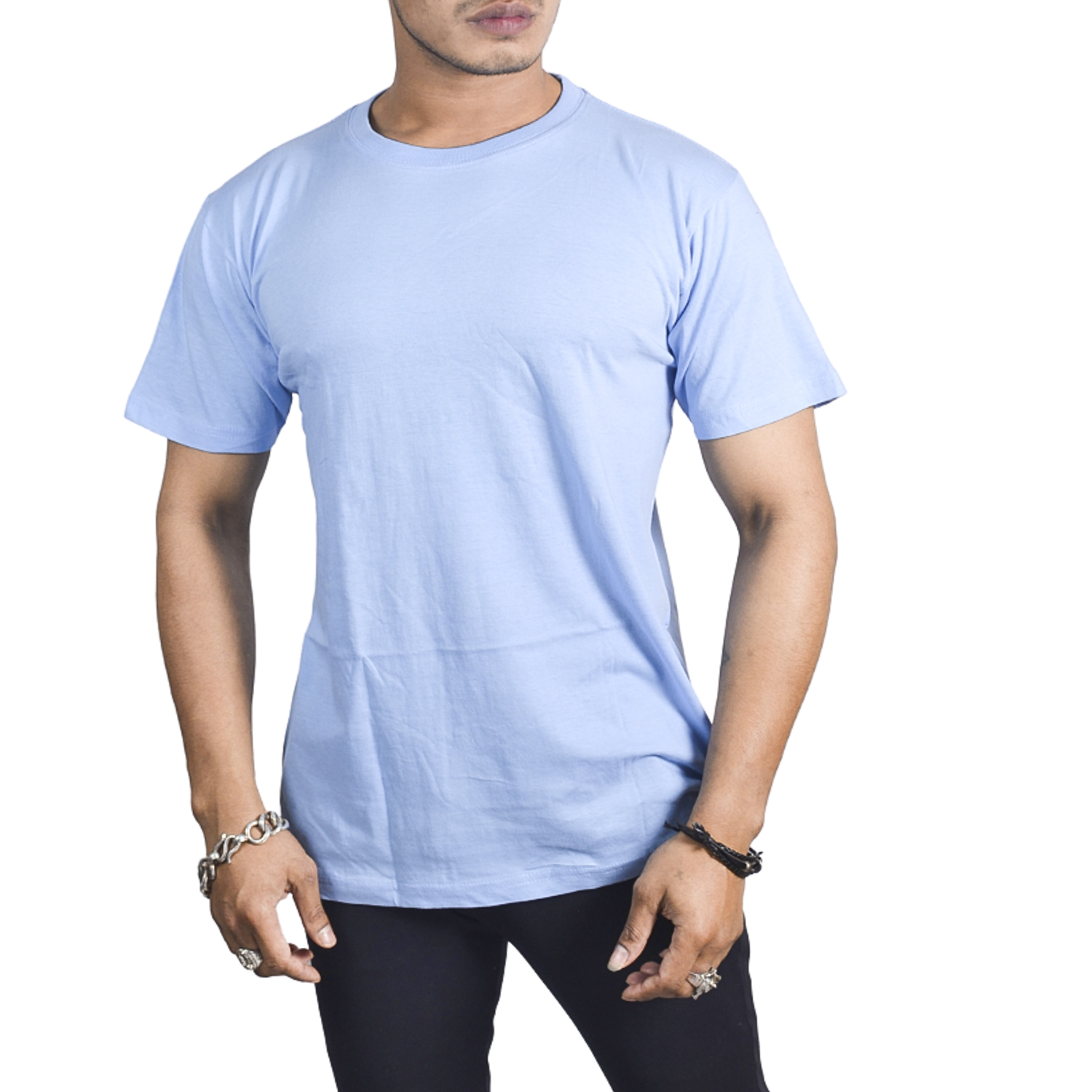 Aqua Round Neck Summer Plain Cotton T 