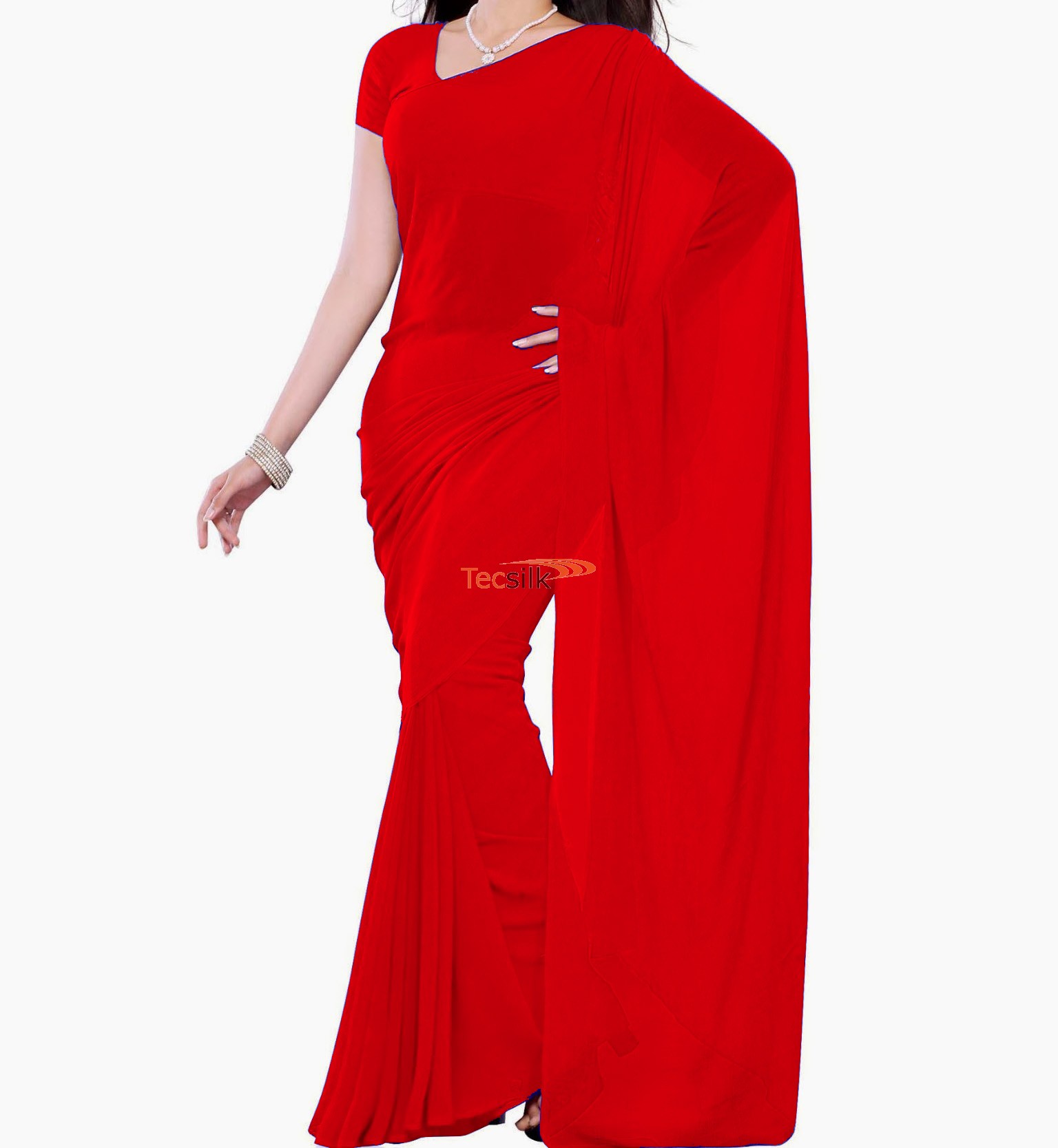 Chiffon saree plain red Clearance