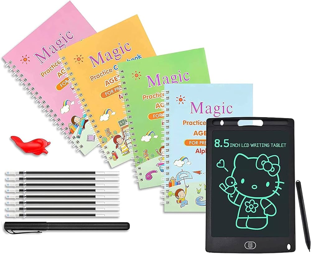 4 Pcs Magic Handwriting Book With Reusable LCD Writing Tab, Early Learning Combo For Kids