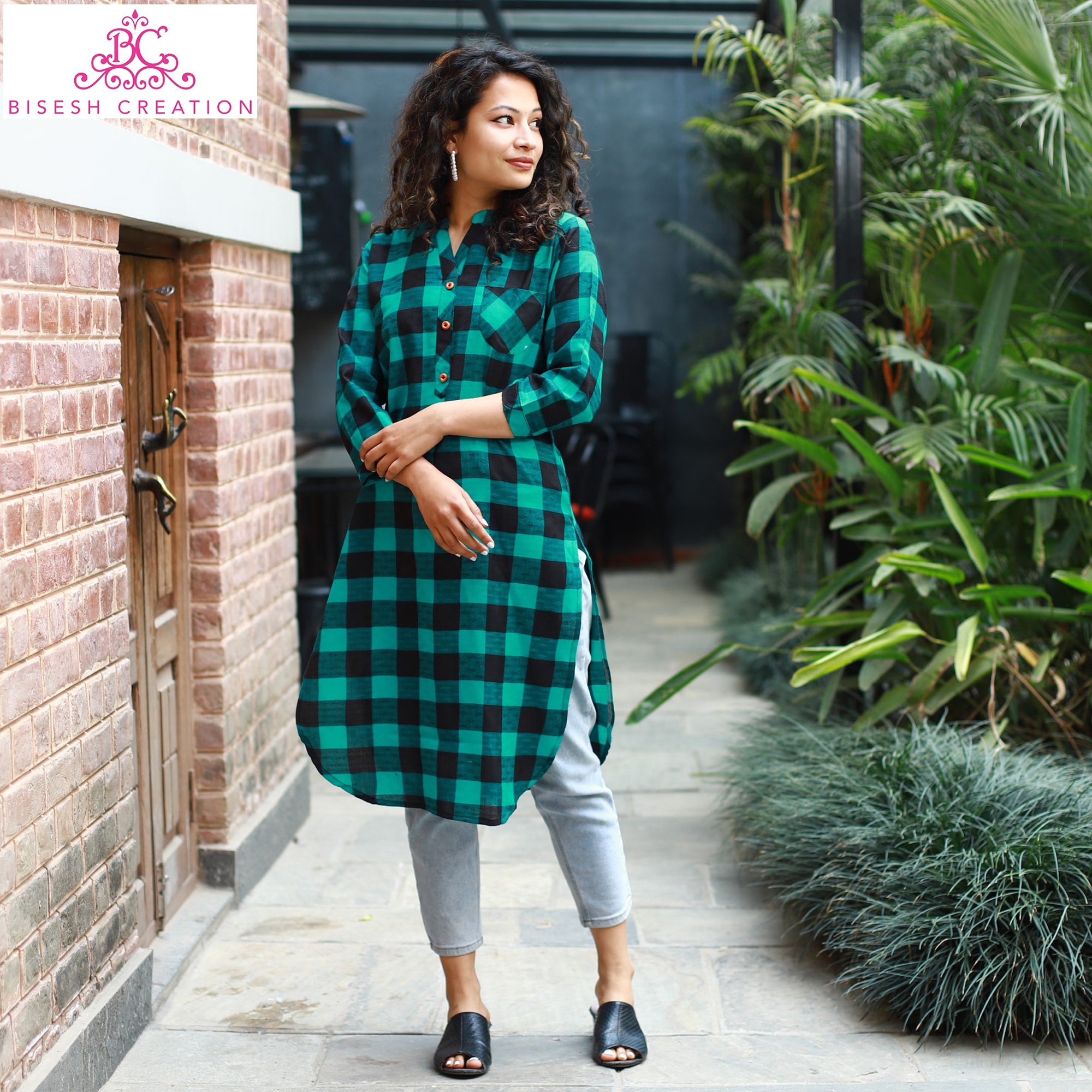 Bisesh Creation Seagreen Black Checkered Printed Linen Kurti For Women-1600