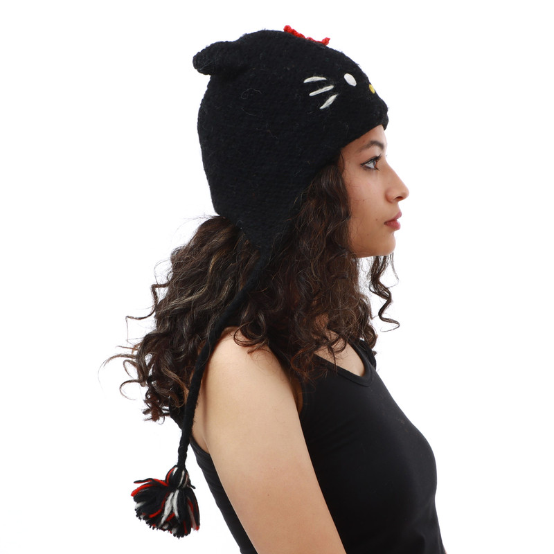 Black Woolen Hello Kitty Design Beanies 