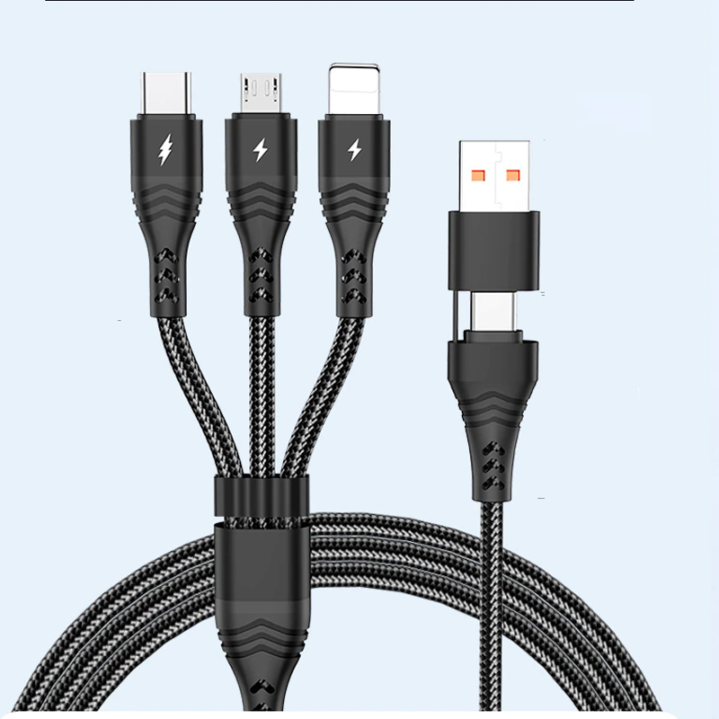 6 in 1 Super Fast Charging Nylon Braided Strong Charging Cable with 2 Input and 3 Output Interfaces