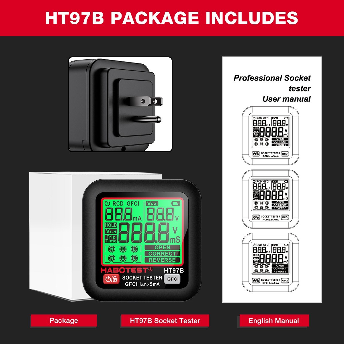 HABOTEST HT97D Digital Socket Tester Voltage Test EU Plug Socket Detector Intelligent Leakage Testing Multifunctional Phase Tester. 