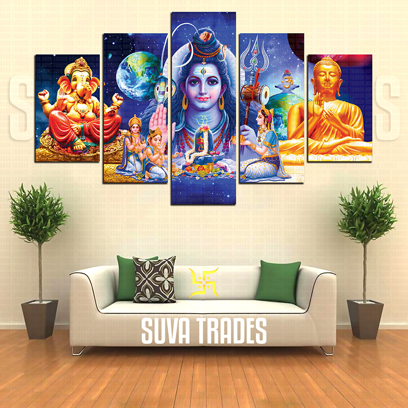 置物 5-piece Ganesha multi-panel canvas art. 5 Piece Panel Ganesh / Shiva / Buddha God Canvas Art with Wooden