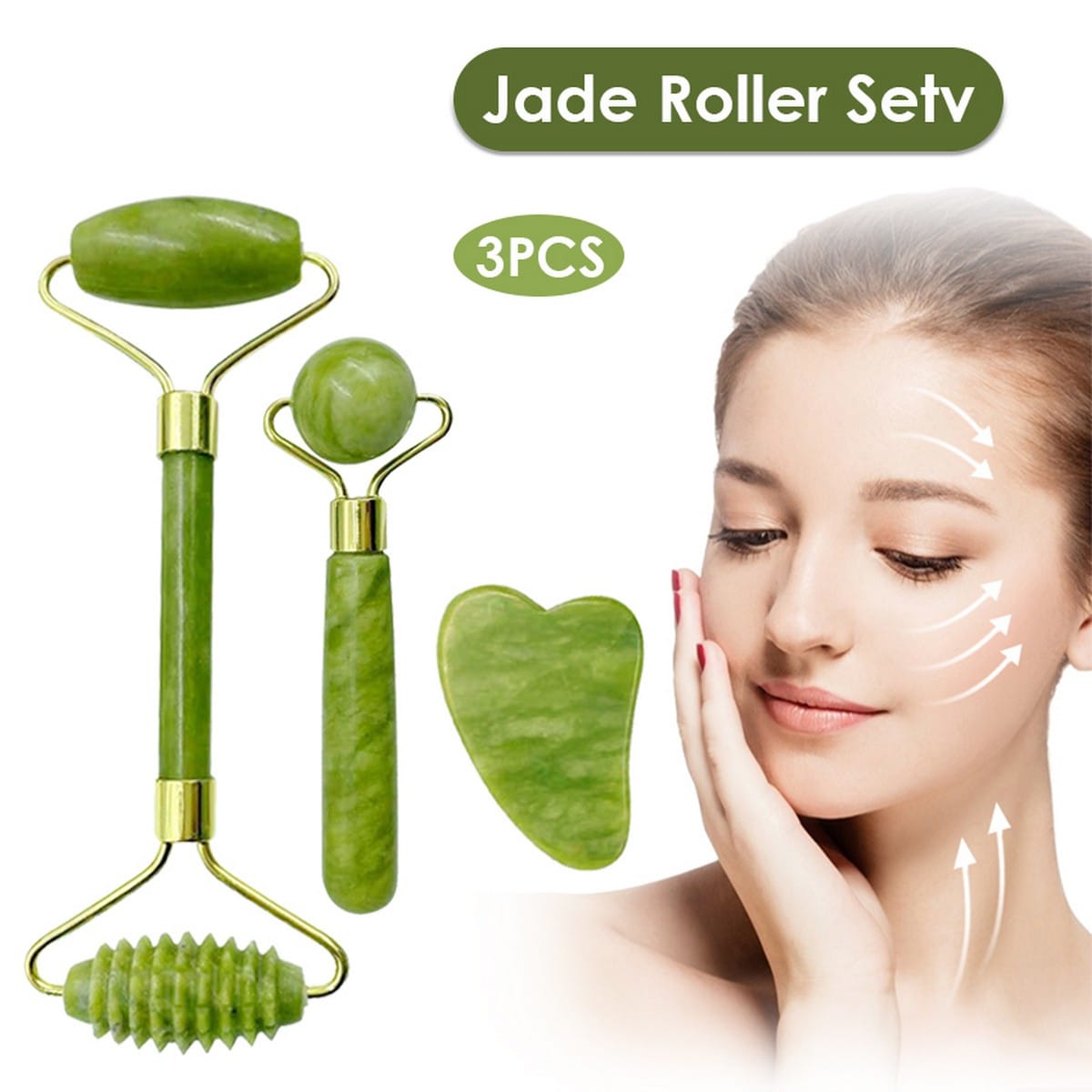 3pcs Set Facial Jade Stone Roller & Gua Sha Board Body Neck Massage