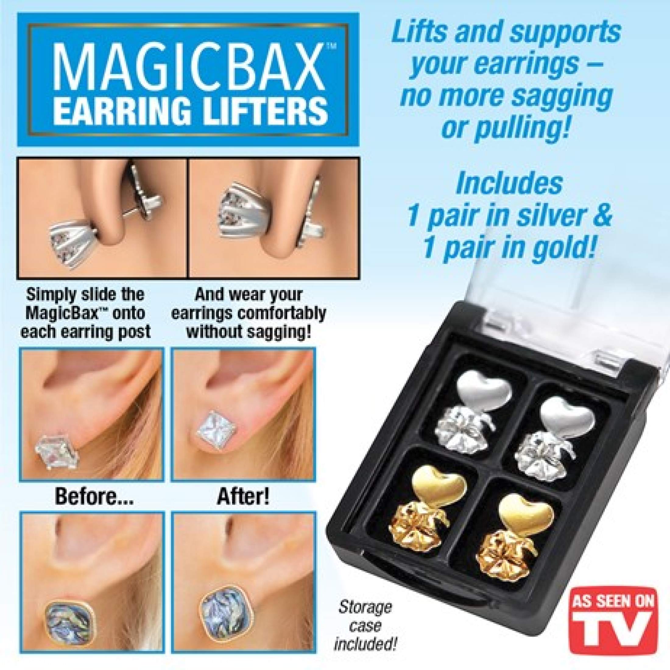 Magic Bax Earring Lifters - 2 Pairs of Adjustable Hypoallergenic Earring  Lifts - As Seen on TV