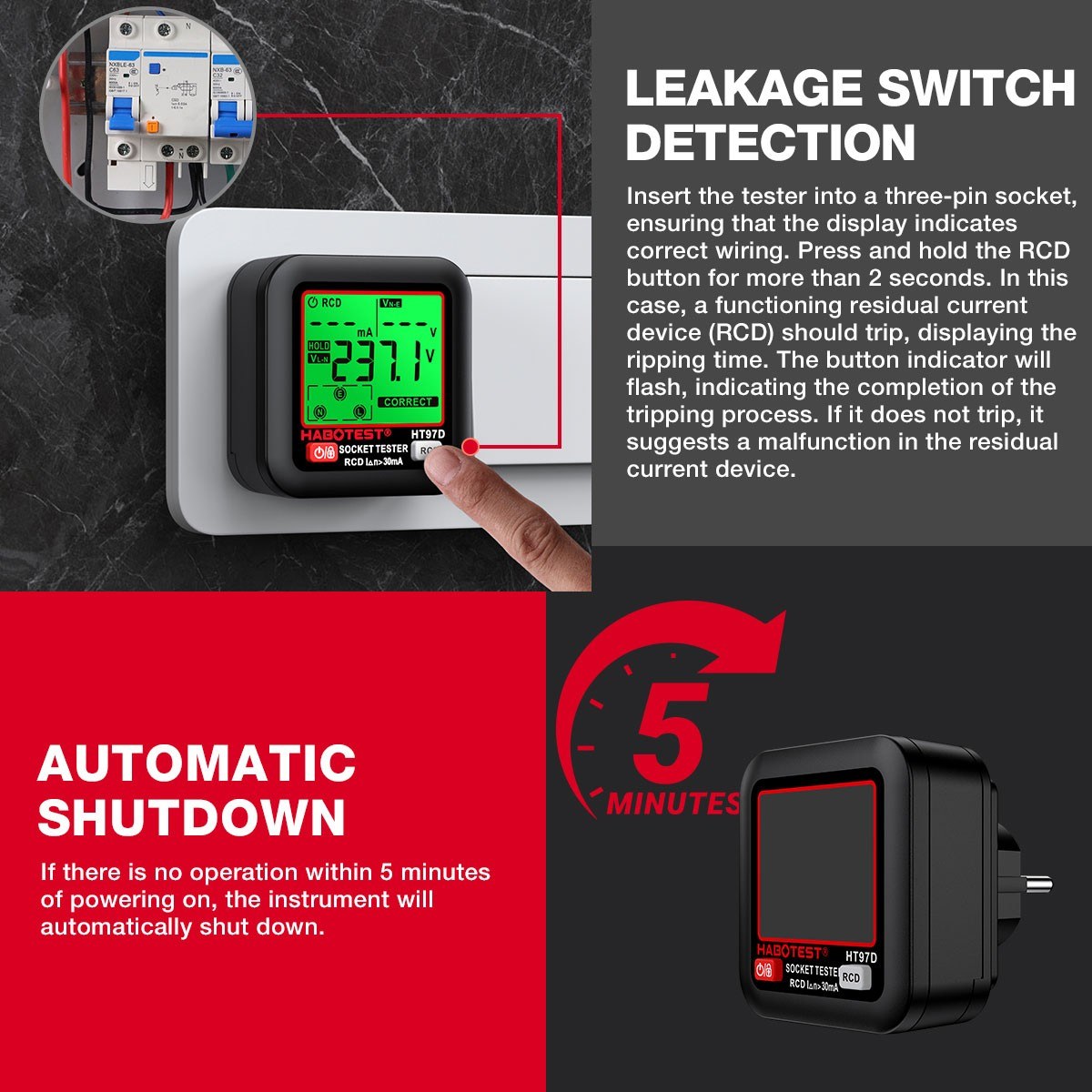 HABOTEST HT97D Digital Socket Tester Voltage Test EU Plug Socket Detector Intelligent Leakage Testing Multifunctional Phase Tester. 