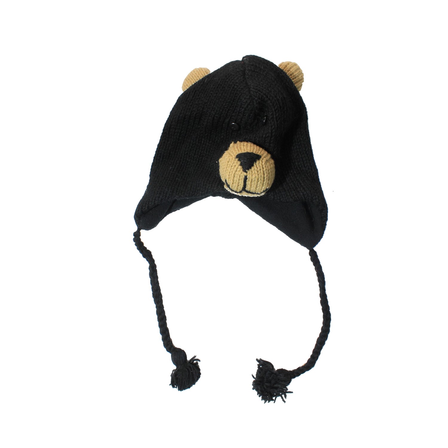 Black Woolen Bear Design Ear Flap Cap