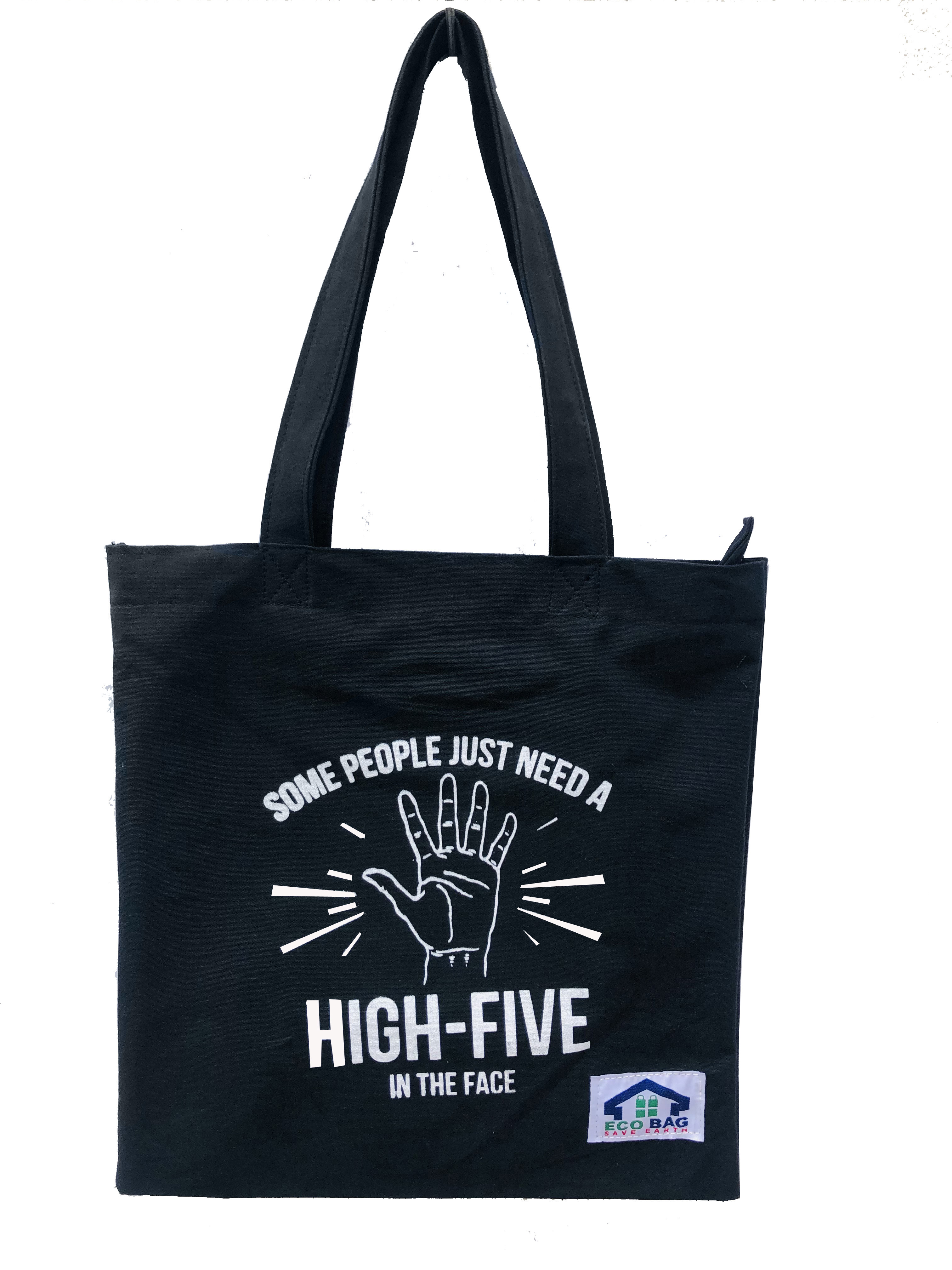 Black Colour High Five Print Tote Bag