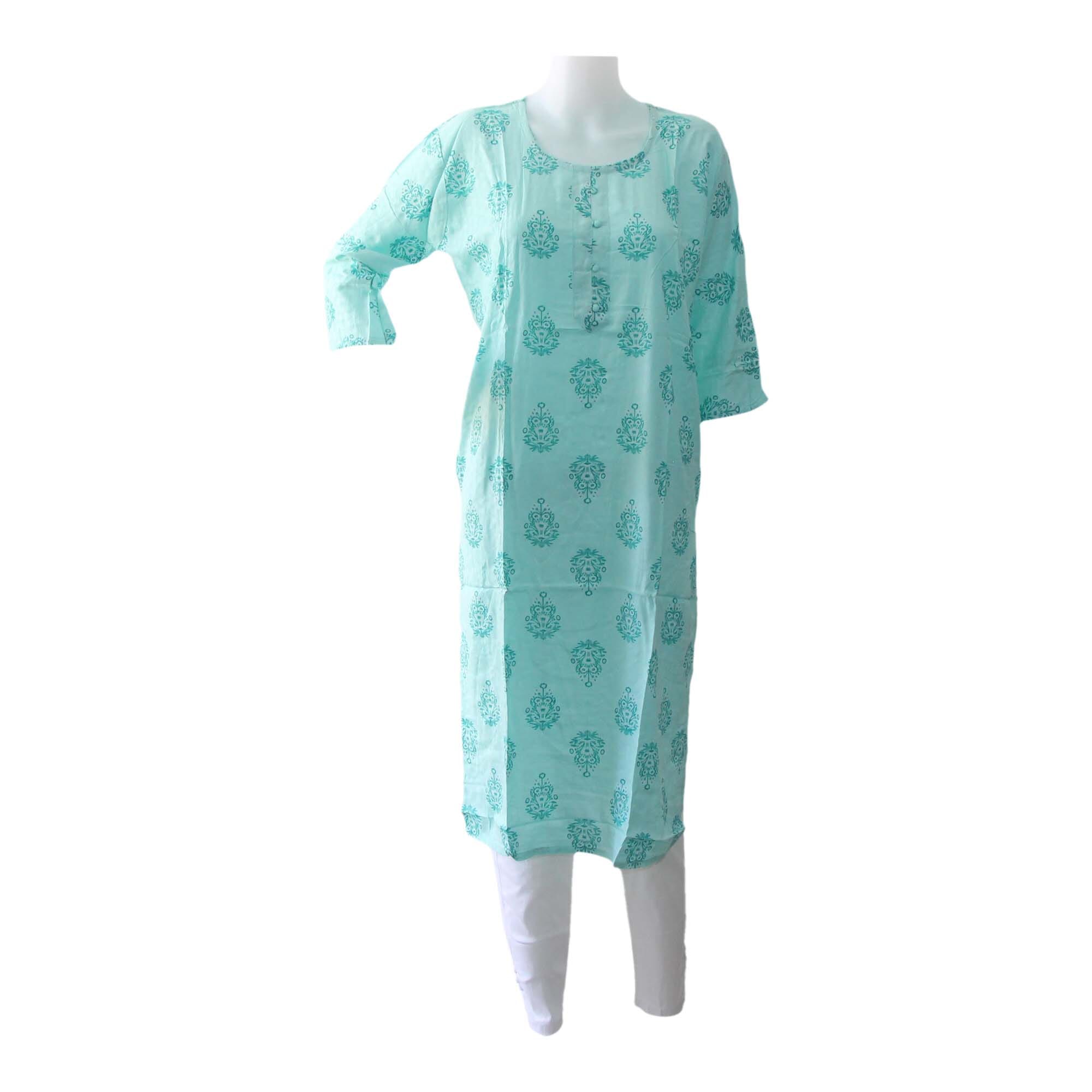 Blue Color Slub Rayon Round Neck Quarter Sleeves Floral Printed Plain Kurti Topss For Women