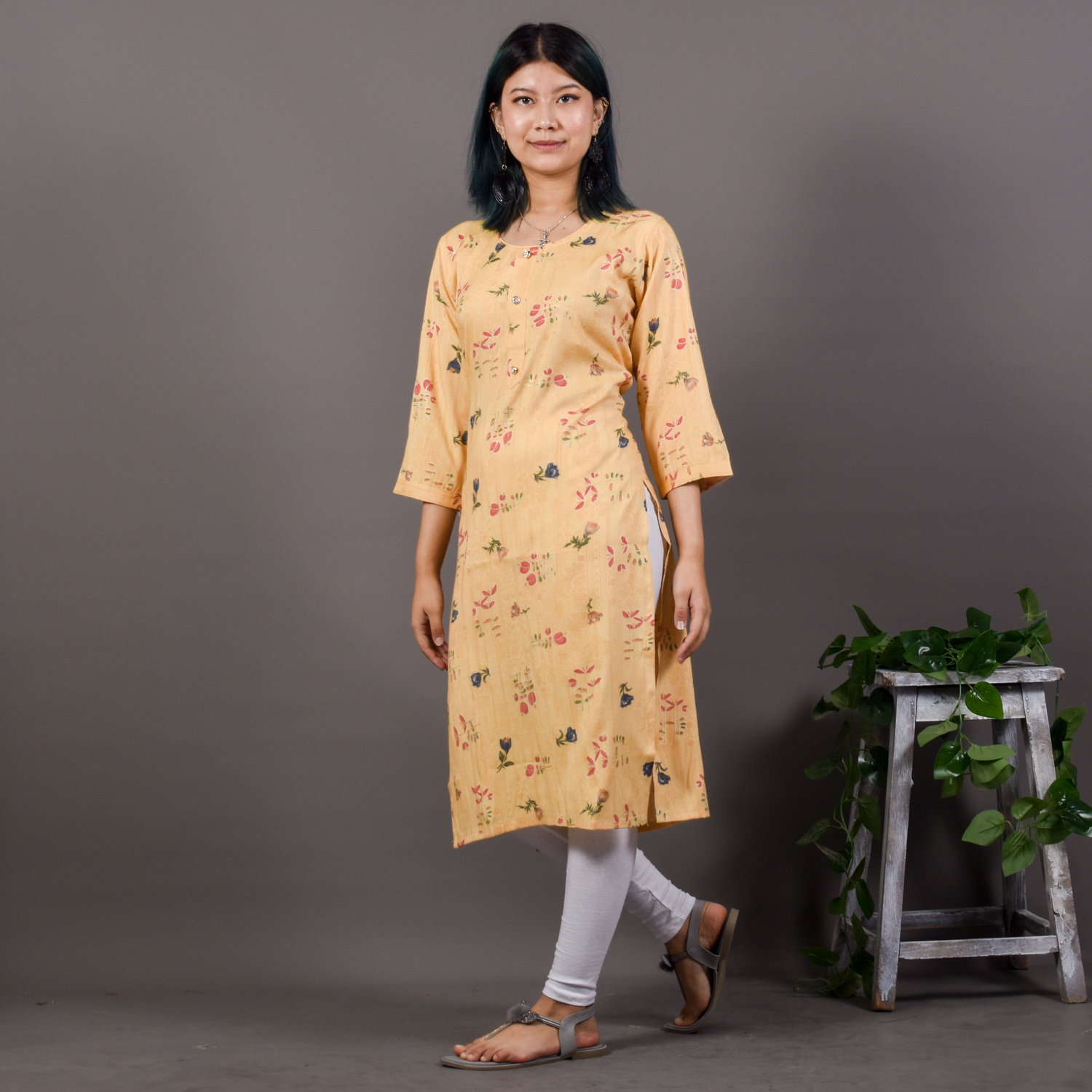 Bisesh Creation Grey Floral Foil Printed Slub Rayon Kurti For Women-1300