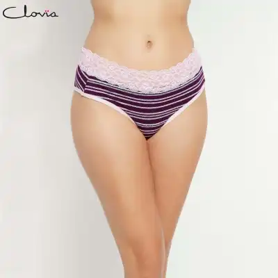 Clovia - Women Purple & Baby Pink Striped Mid Waist Hipster Panty