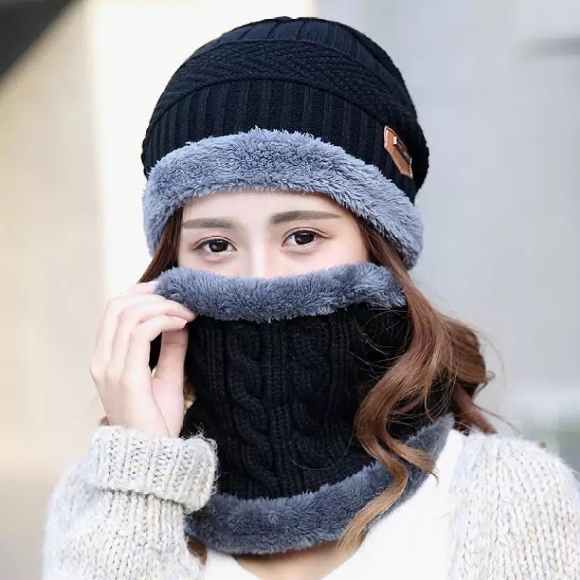 Unisex Woolen Beanie Cap Plus Muffler Scarf Set For Men Women Girl