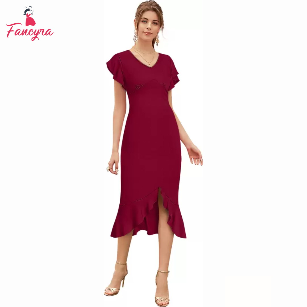 Fancyra Maroon V Neck Designer One Piece Western Stretchable Bodycon Midi Dress Fashion