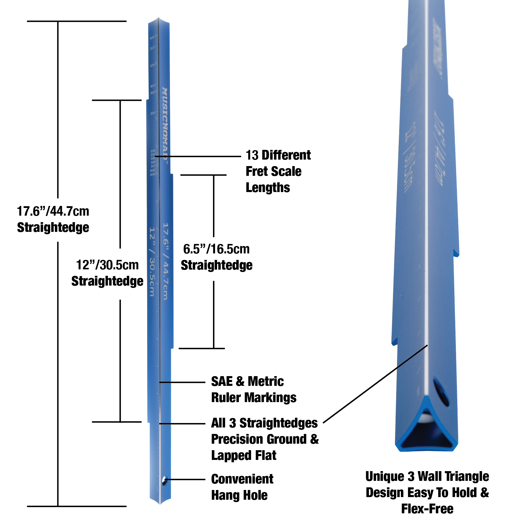 Music Nomad Tri-Beam 3 'n 1 Straightedge, plus SAE/Metric Ruler & Scale Length Ruler for Acoustic & Electric Guitars - MN820