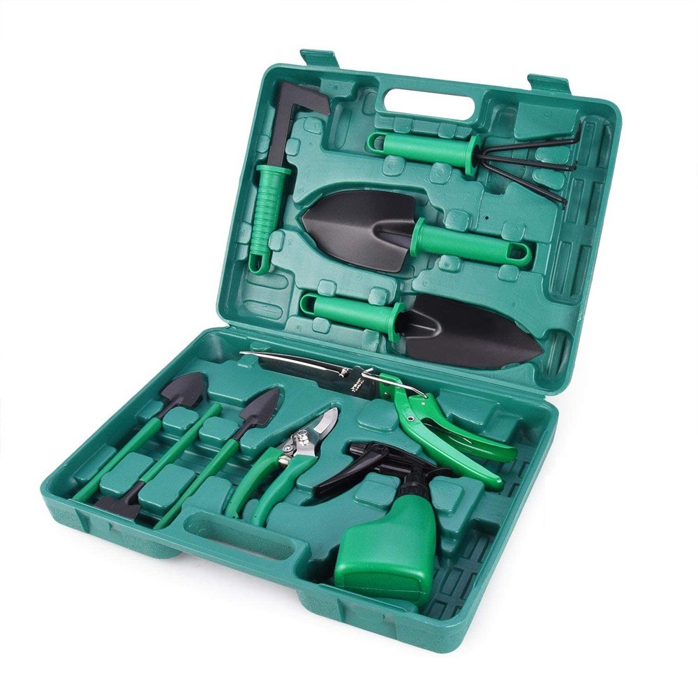 Garden Tool Set 10pcs Stainless Steel Garden Tool Kit with Organizer Case Heavy Duty Gardening Work Set Including Pruner, Rake, Big and Small Shovel, Sprayer, We-eding Scissor, Potted Gadget and More