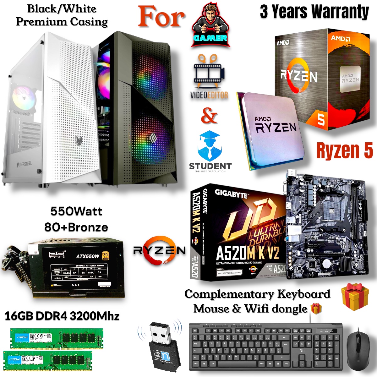 Gaming PC Full Setup with Ryzen 5 5600GT, 256/512GB NVMe M.2 SSD ...