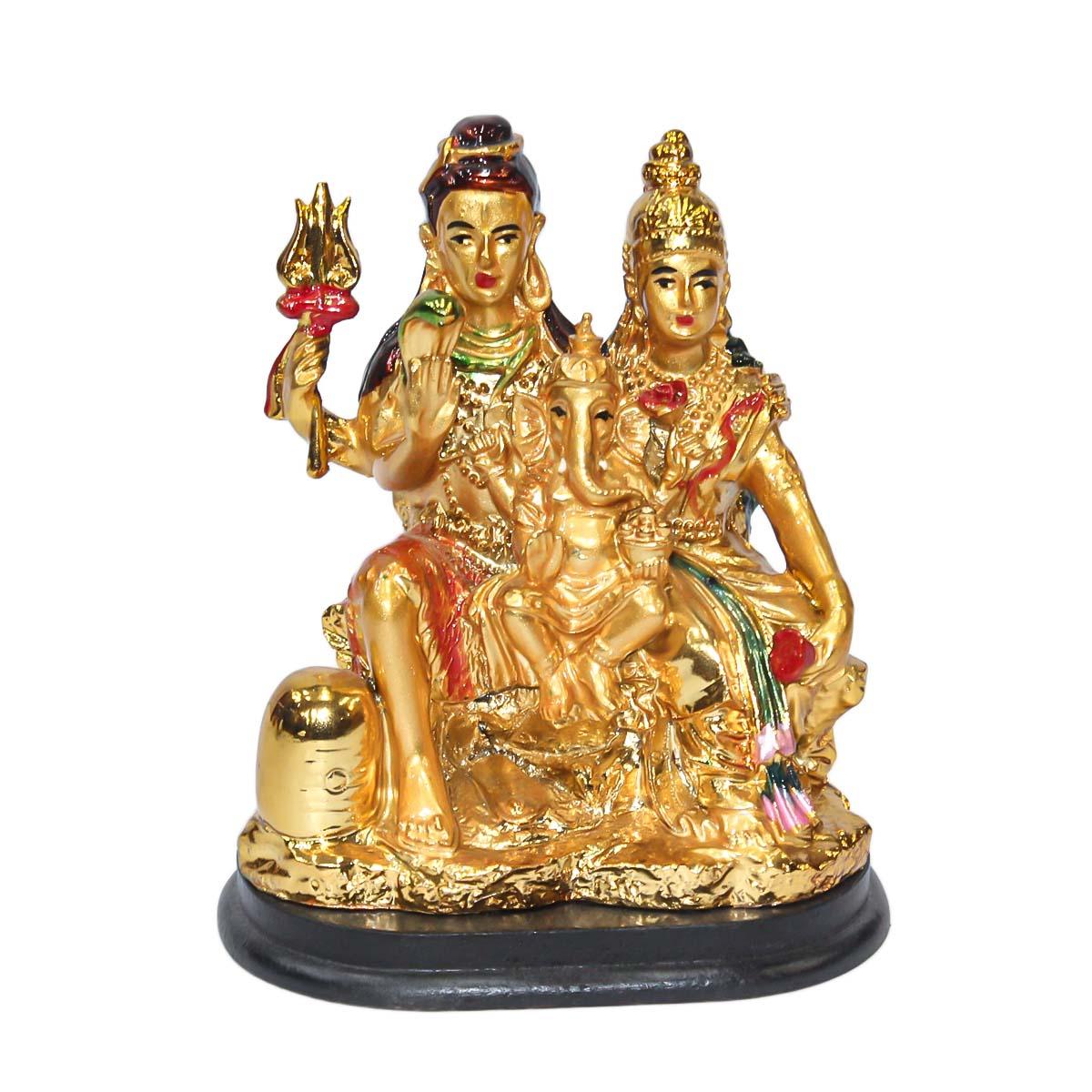 Golden Lord Shiva Parbati & Ganesh Ceramic Statue - 4 Inches