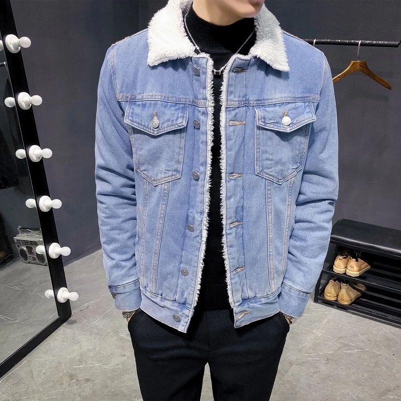 Light Blue Solid Fur Denim Jacket For 