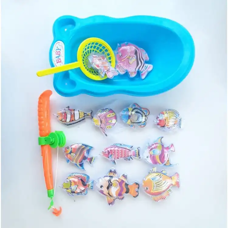 Magnetic Fishing Pool Toys Game for Kids - Water Pool Bath-tub Kiddie Party  Toy with Pole Rod Net Plastic Floating Fish