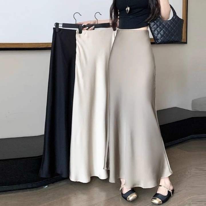 Basic Summer Satin Silk Long Skirt High Waist Half Body Dress High Waisted Skirts Slim Fit A Line Midi Skirt Girl