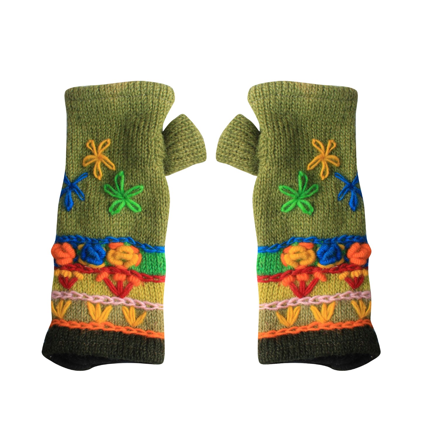 Green Floral Colorful Embroidered Woolen Hand Warmer