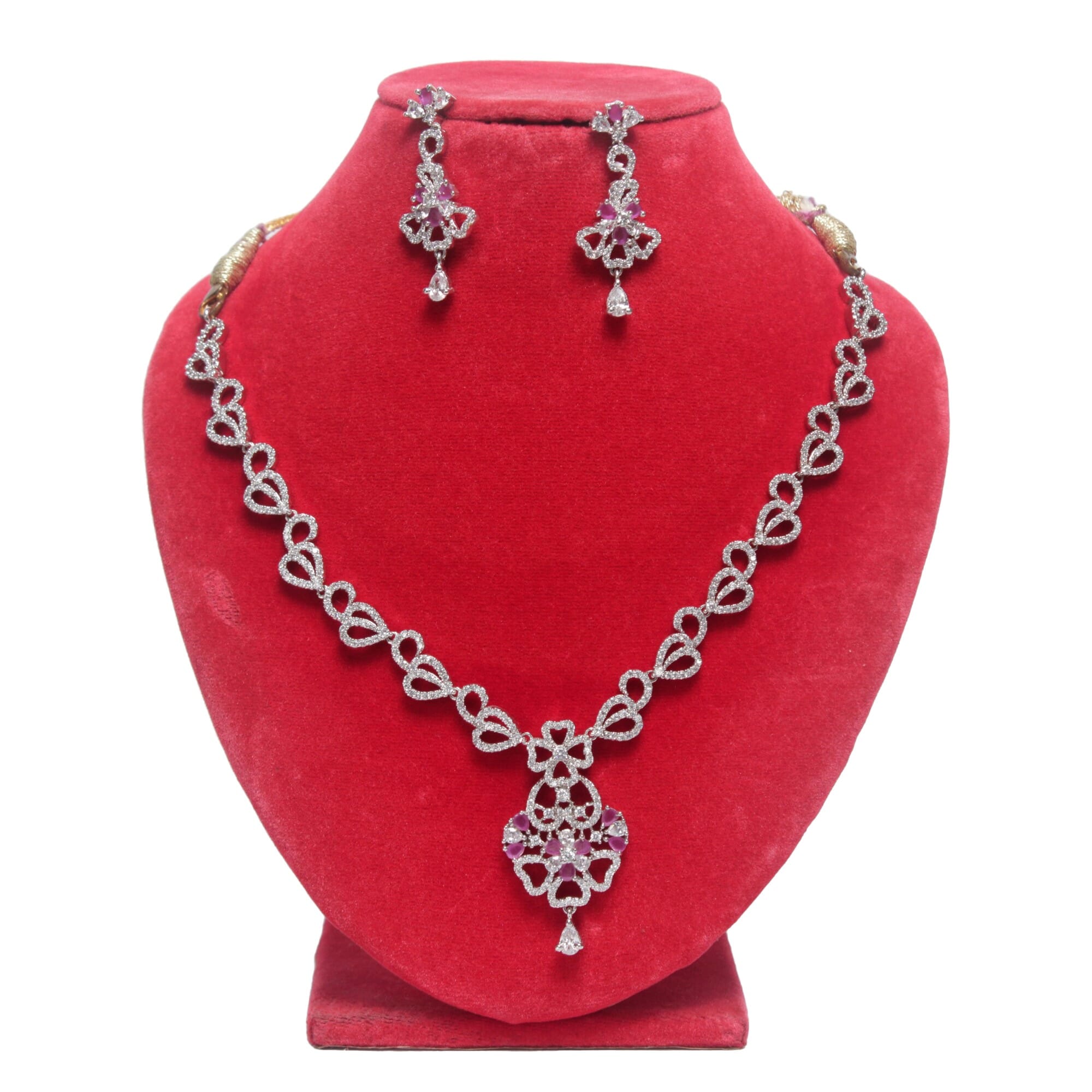 Silver Leaf Design AD Necklace Set For 