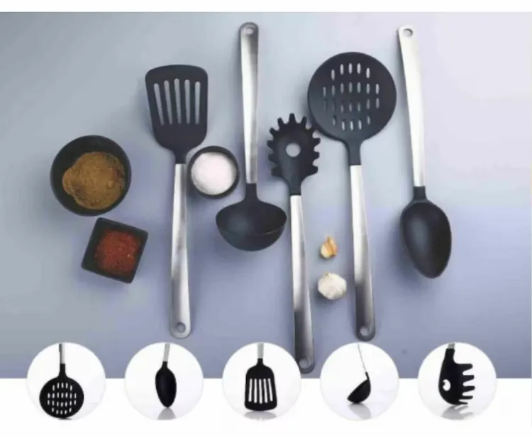 Apex Supermom Nylon Kitchen Serving Spoon Set, 5-Piece, Black, Non Stick  Cookware, Spatula Set