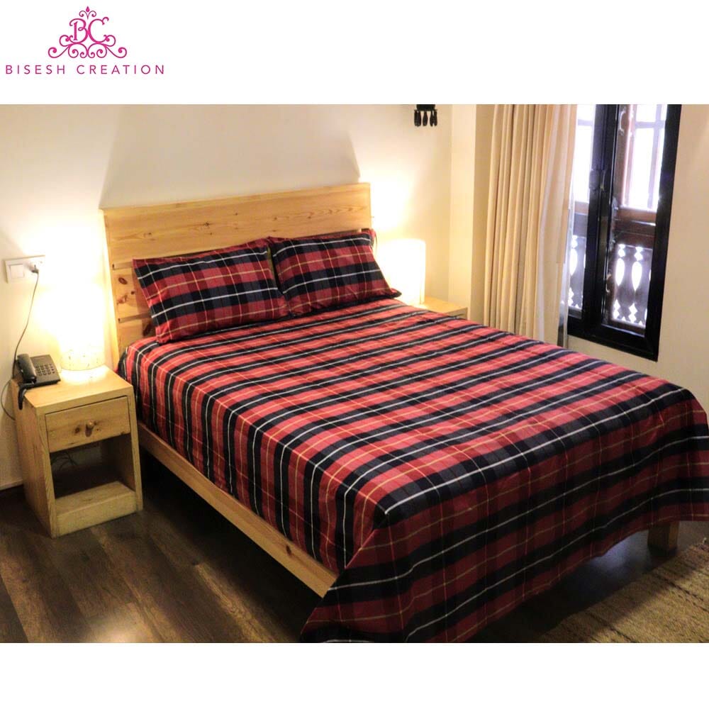 Bisesh Creation BD 03 Red black Checkered King Size Cotton Bed Sheet With 2 Pillow Cover-1875