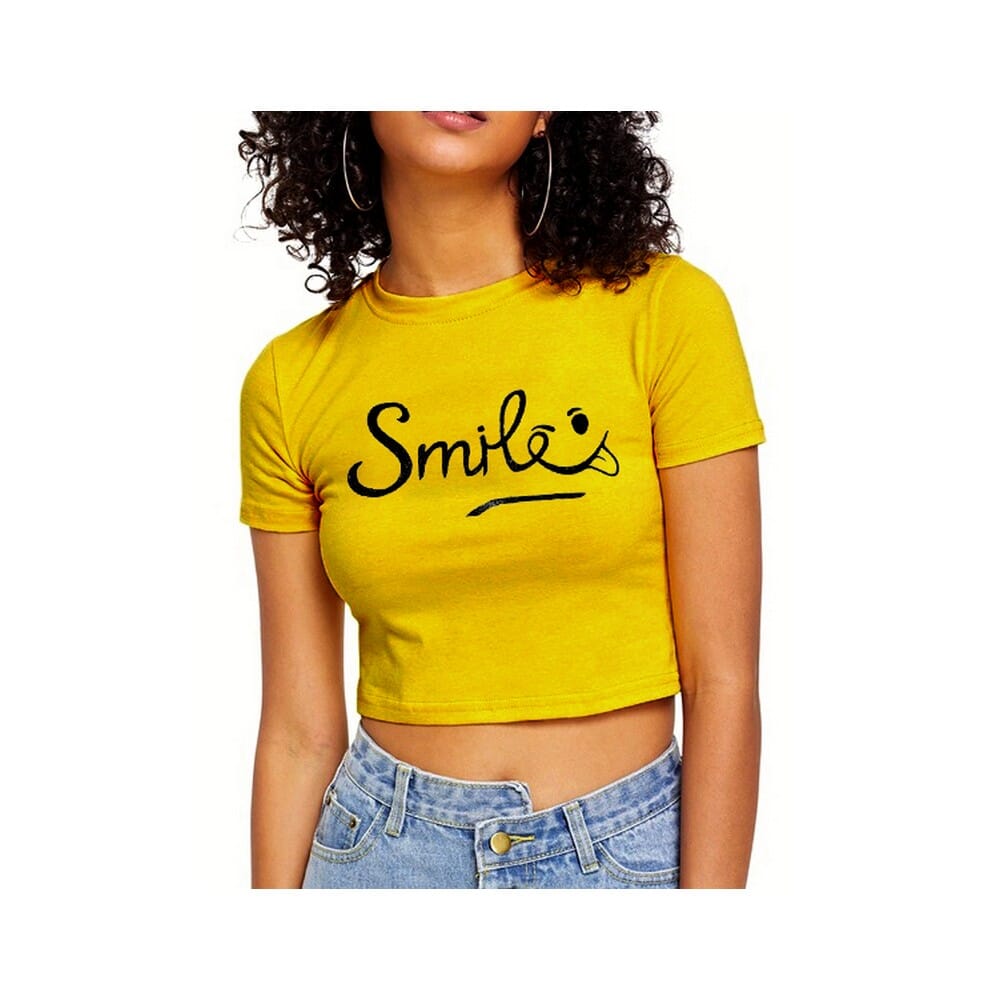 Dark Yellow Printed Smile Crop Top T Shirt For Women Daraz .np