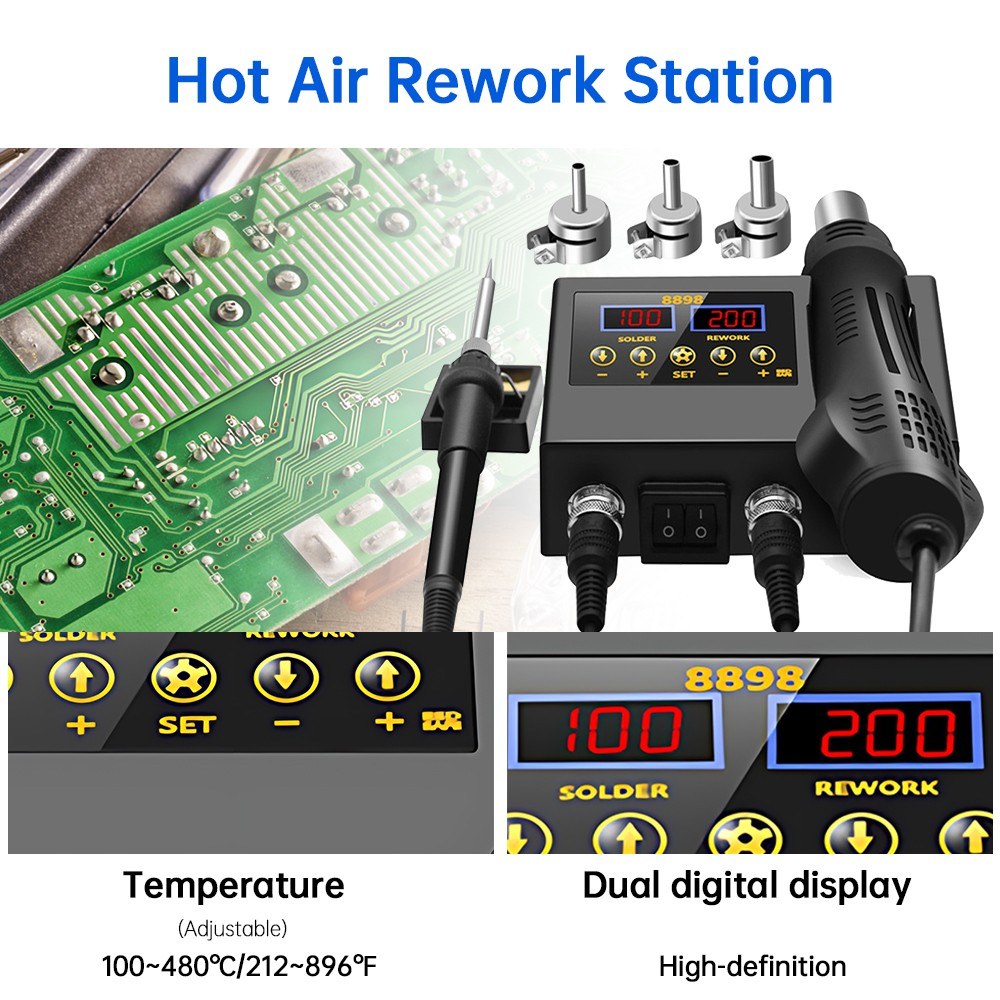 2 in 1 Soldering Station LCD Digital Display Hot Air Gun Welding Rework Temperature and Air Volume Adjustable Soldering Iron Kit For Cell-Phone BGA SMD PCB IC Repair Solder Iron Tools. 