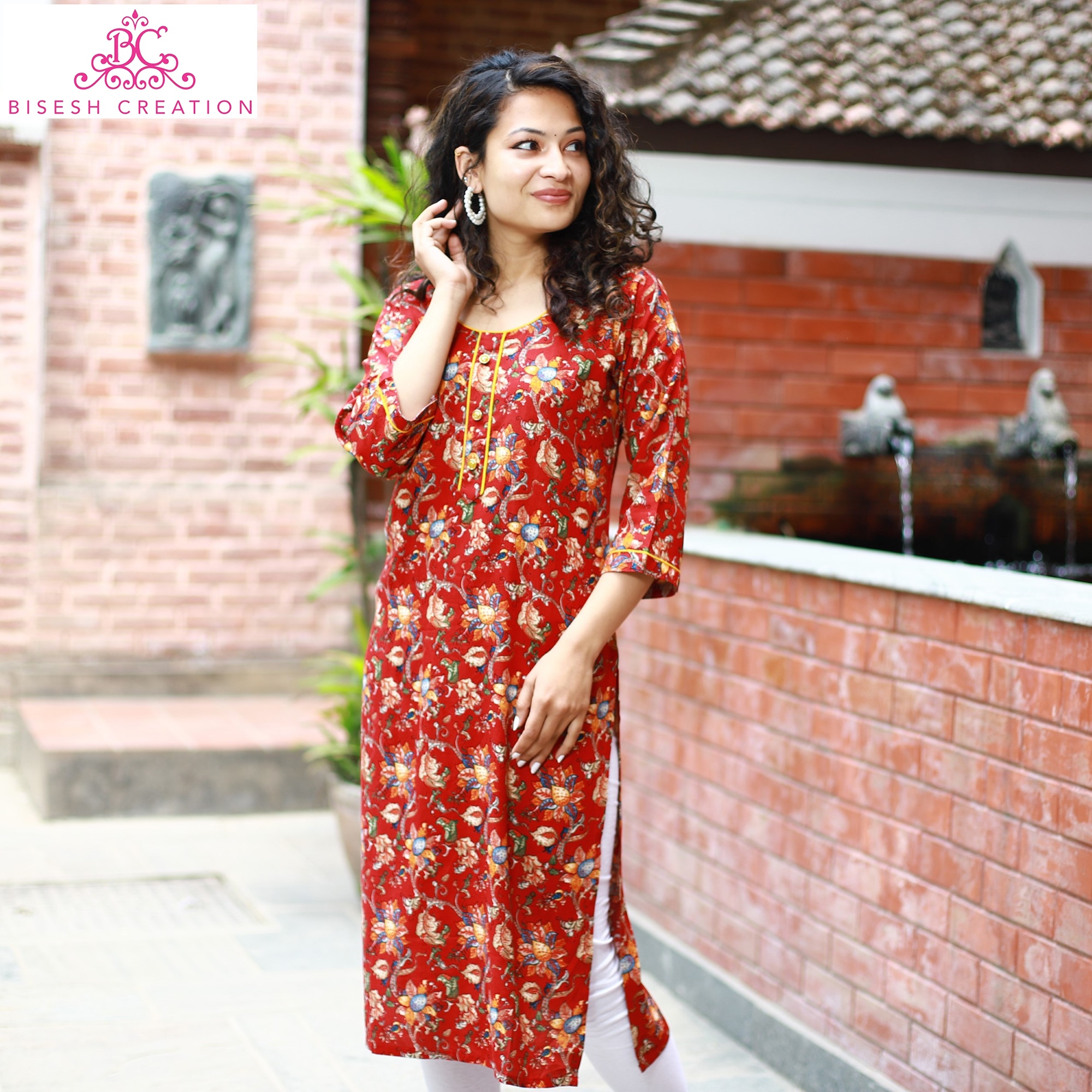 Bisesh Creation Maroon Multicolor Floral Printed Slub Rayon Kurti For Women-1500