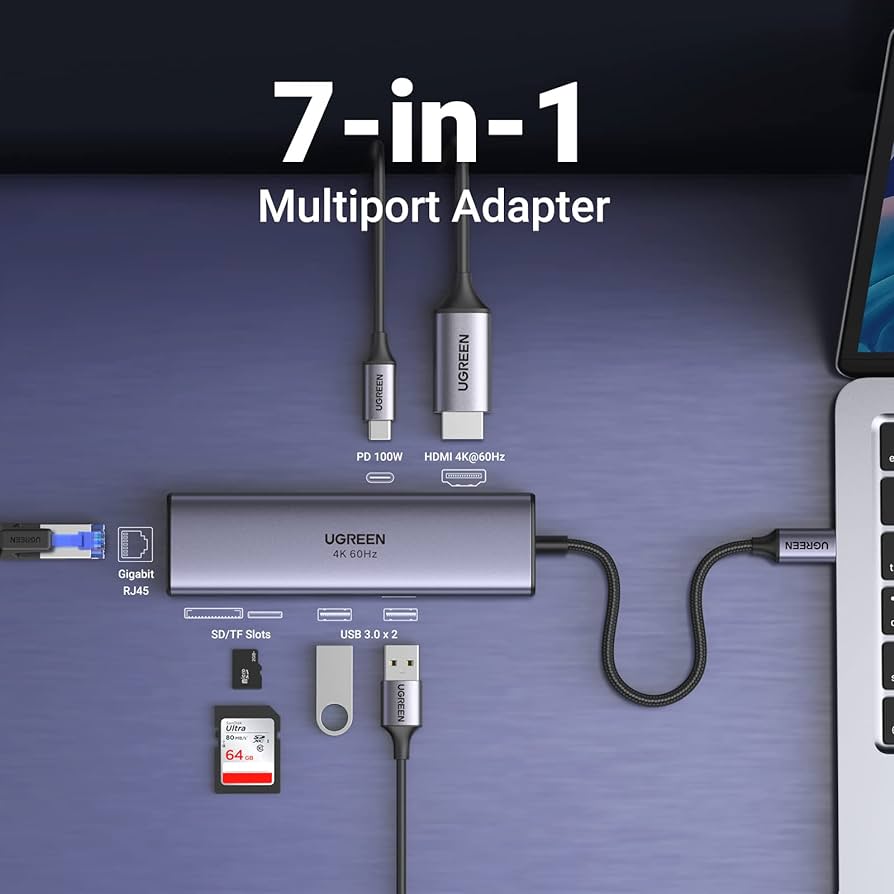 UGREEN 7 In 1 USB C Hub 4K HDMI Multiport Adapter With 1Gbps