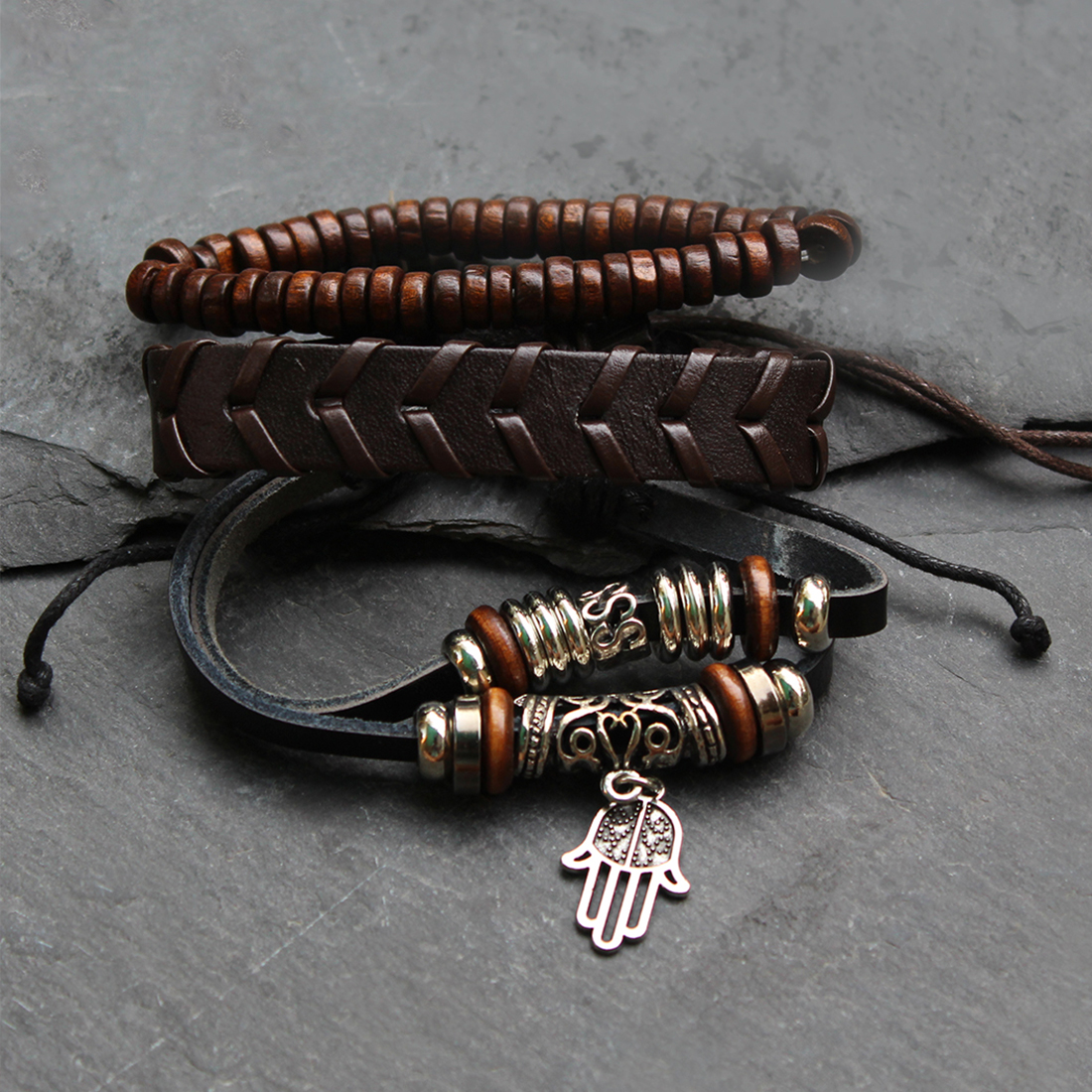 Metallic bead bracelet with brown metallic adjustable leather cord