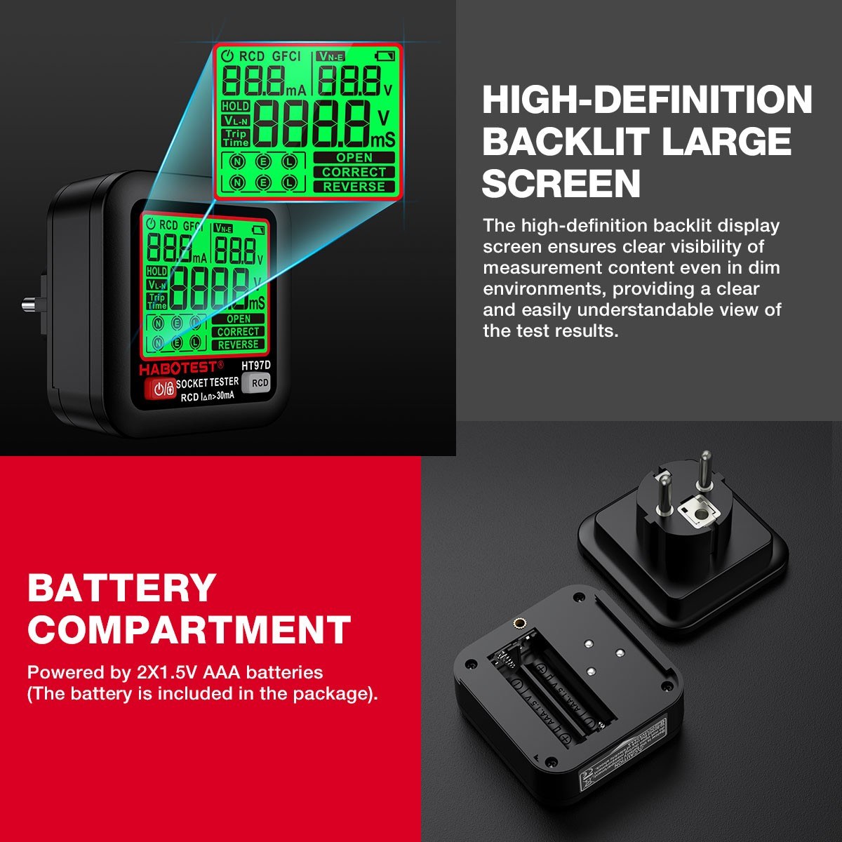 HABOTEST HT97D Digital Socket Tester Voltage Test EU Plug Socket Detector Intelligent Leakage Testing Multifunctional Phase Tester. 