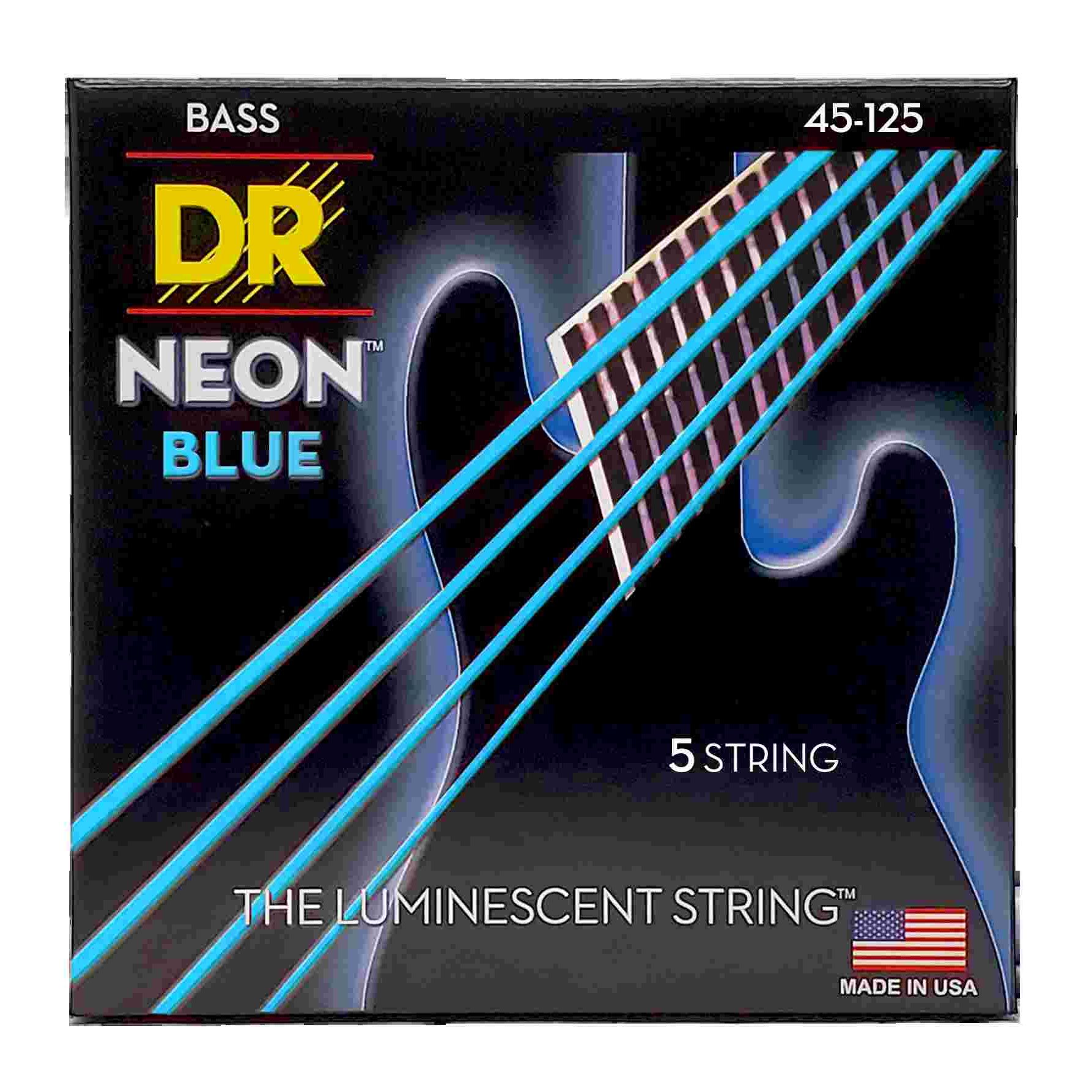 DR Strings 45-125 Hi-Def Neon Blue K3 Coated Bass Guitar Strings - Medium 5 string