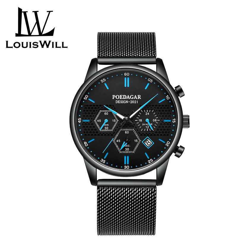 LouisWill Men Watch True Three Eyes Wristwatch Quartz Chronograph Watch