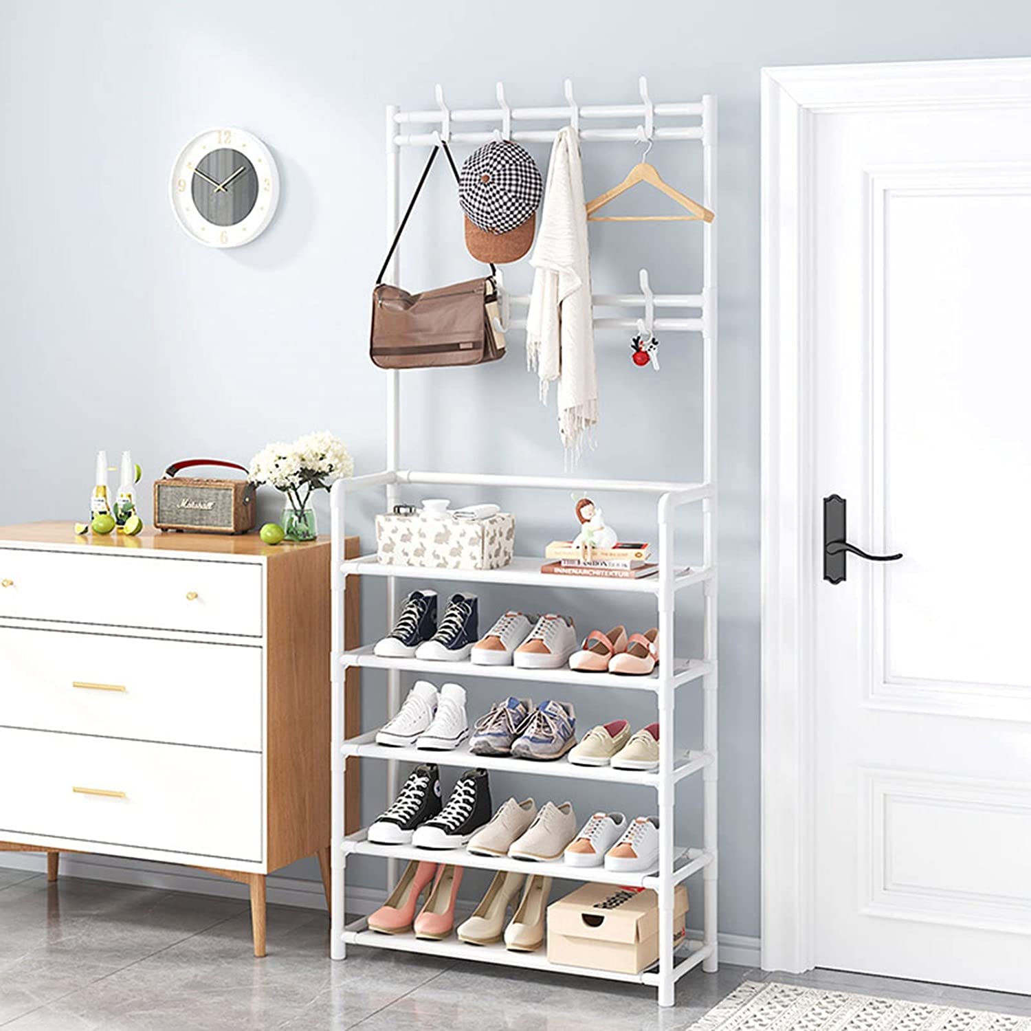Multi-functional Coat Rack Stand with 5 Tier Shoe Rack Storage Clothes ...